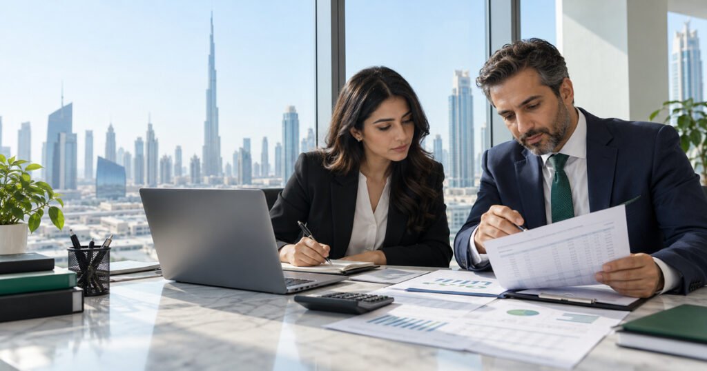 Accounting Supervision Dubai professional reviewing financial records with an in-house accountant in a modern Dubai office