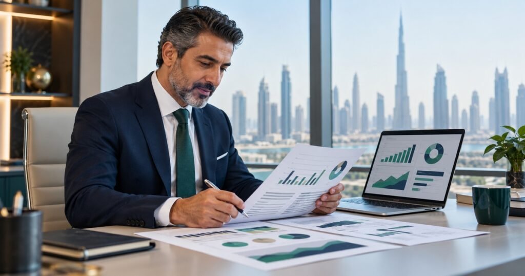 Financial reporting services Dubai professional reviewing financial statements and performance reports