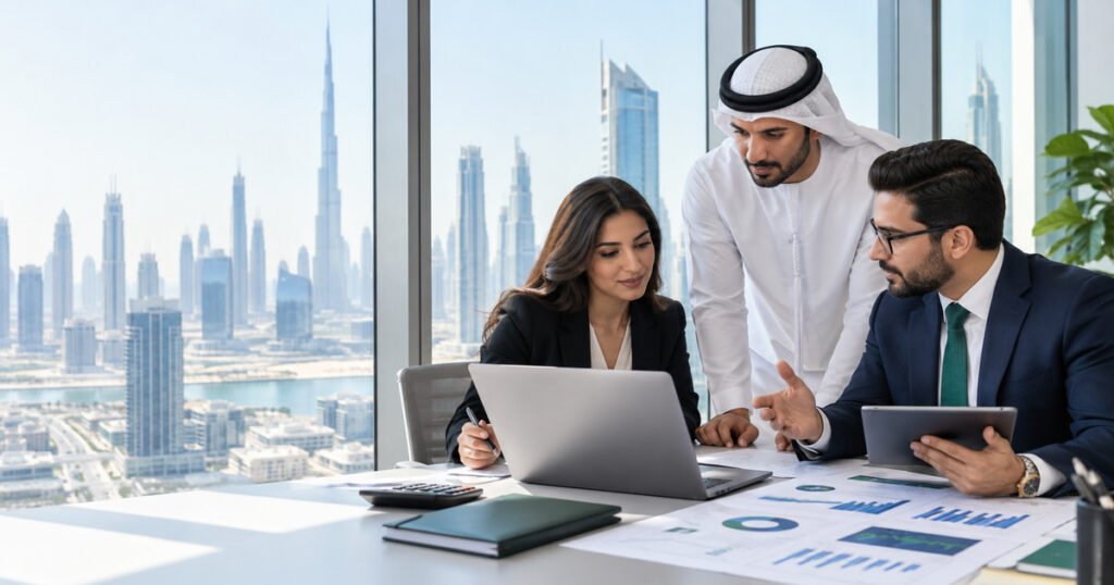 Outsourced Accounting Services Dubai team reviewing financial reports in a modern office overlooking the city skyline