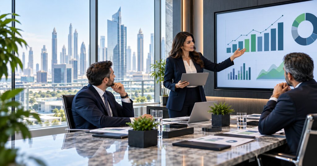 Outsourced Finance Officer DIFC presenting financial reports to business executives